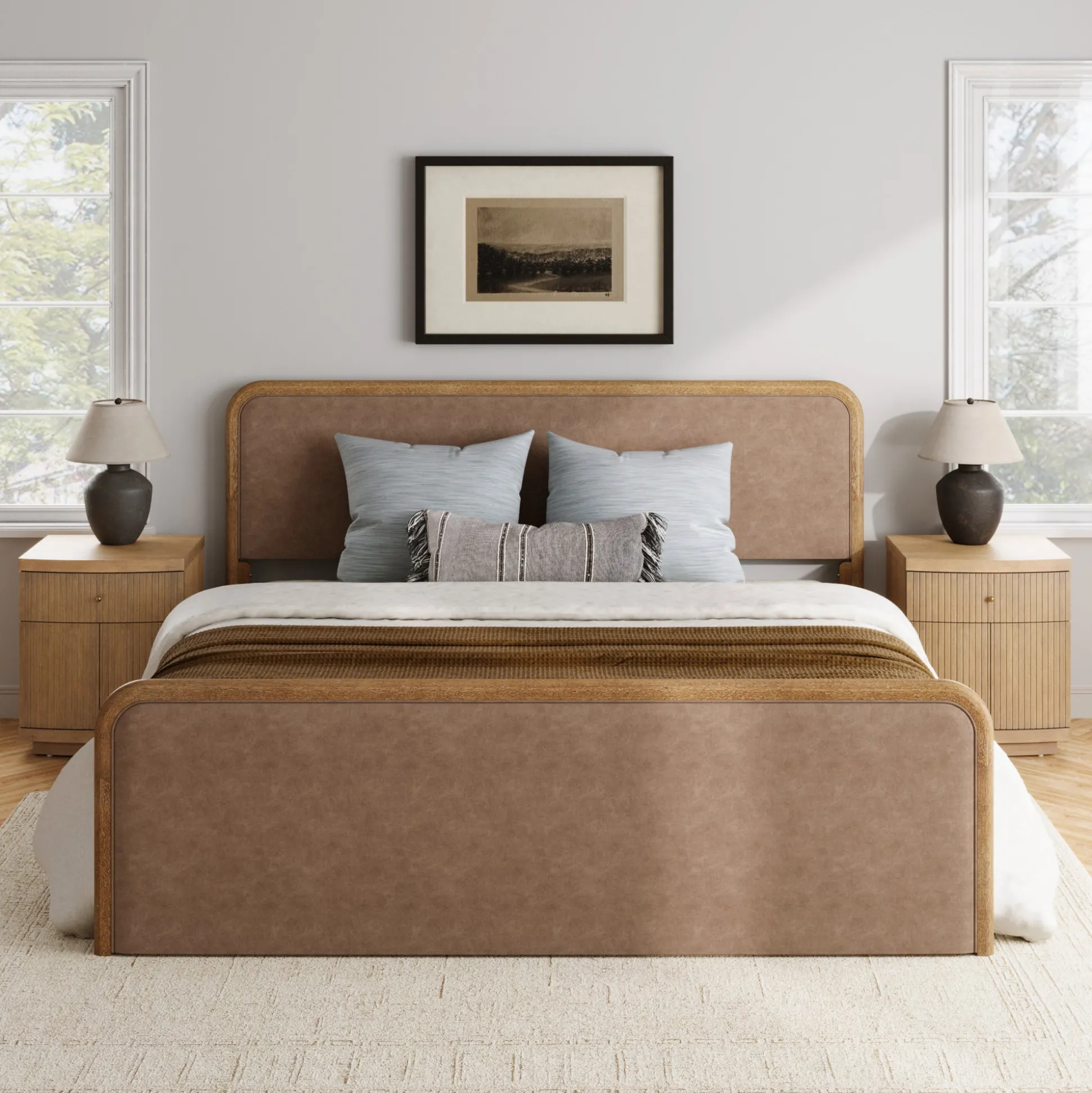 King Rounded Faux Leather Bed Frame with 2 Fluted Nightstands with Storage Light Brown