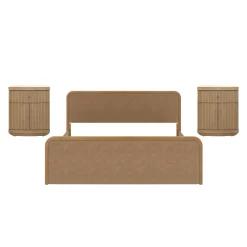 King Rounded Faux Leather Bed Frame with 2 Fluted Nightstands with Storage Light Brown