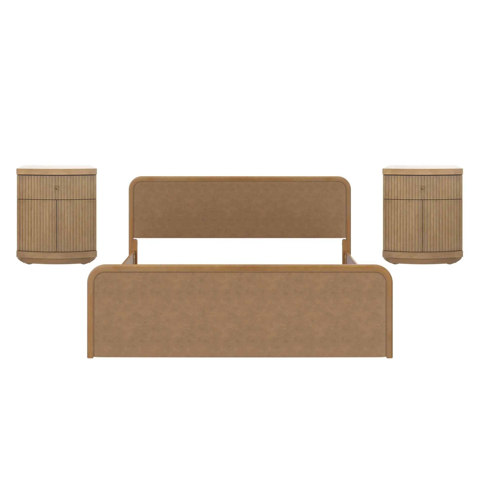 King Rounded Faux Leather Bed Frame with 2 Fluted Nightstands with Storage Light Brown