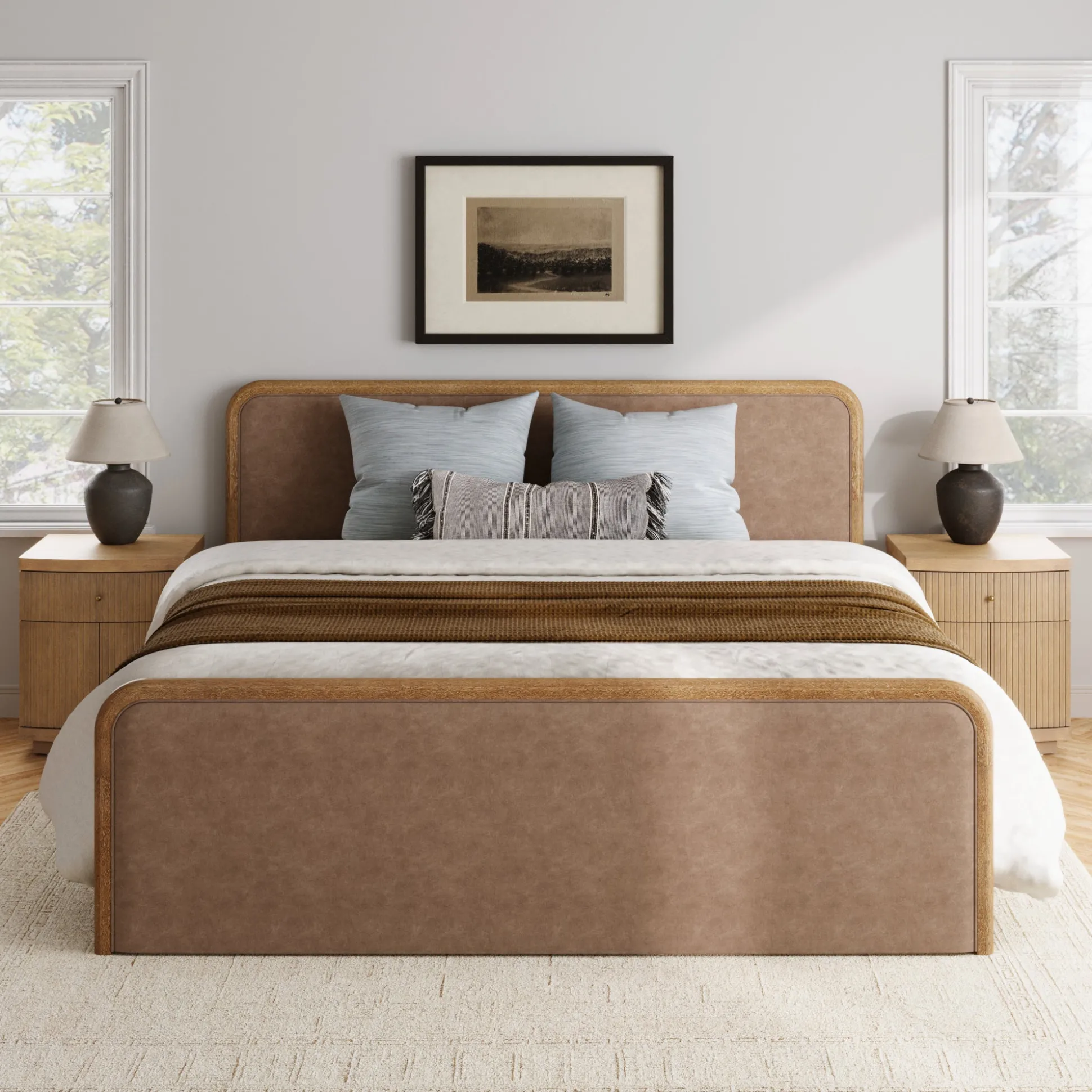 King Rounded Faux Leather Bed Frame with 2 Fluted Nightstands with Storage Light Brown