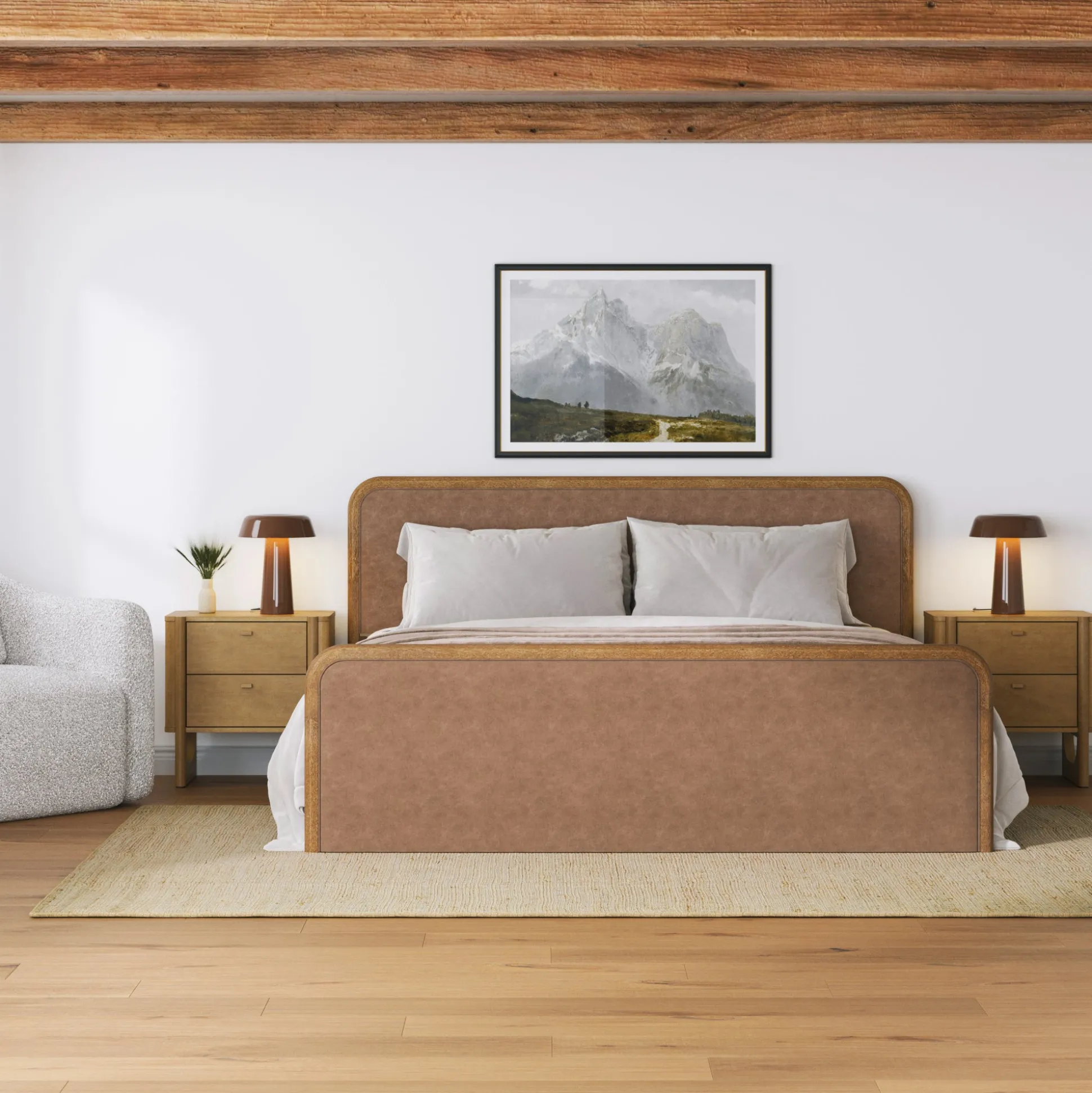 King Rounded Faux Leather Bed Frame with 2 Nightstands Light Brown