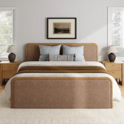 King Rounded Faux Leather Bed Frame with 2 Nightstands Light Brown