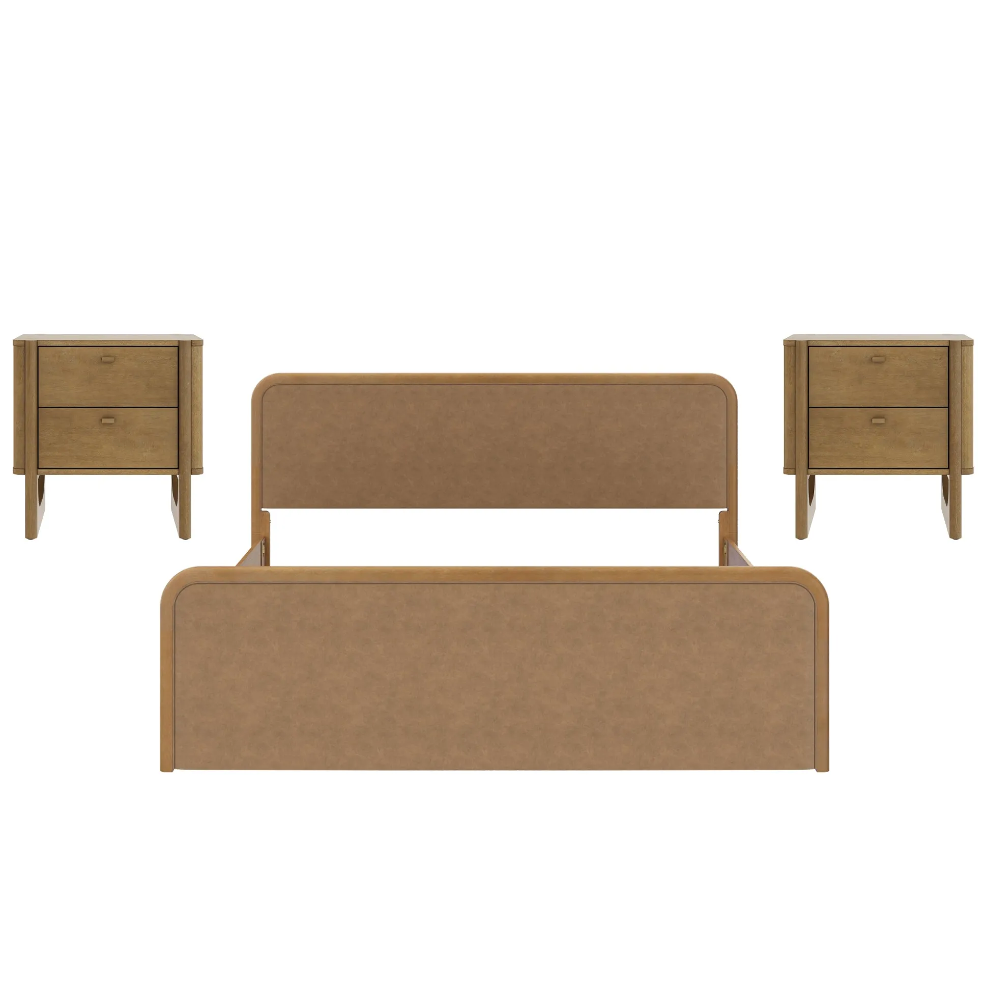 King Rounded Faux Leather Bed Frame with 2 Nightstands Light Brown
