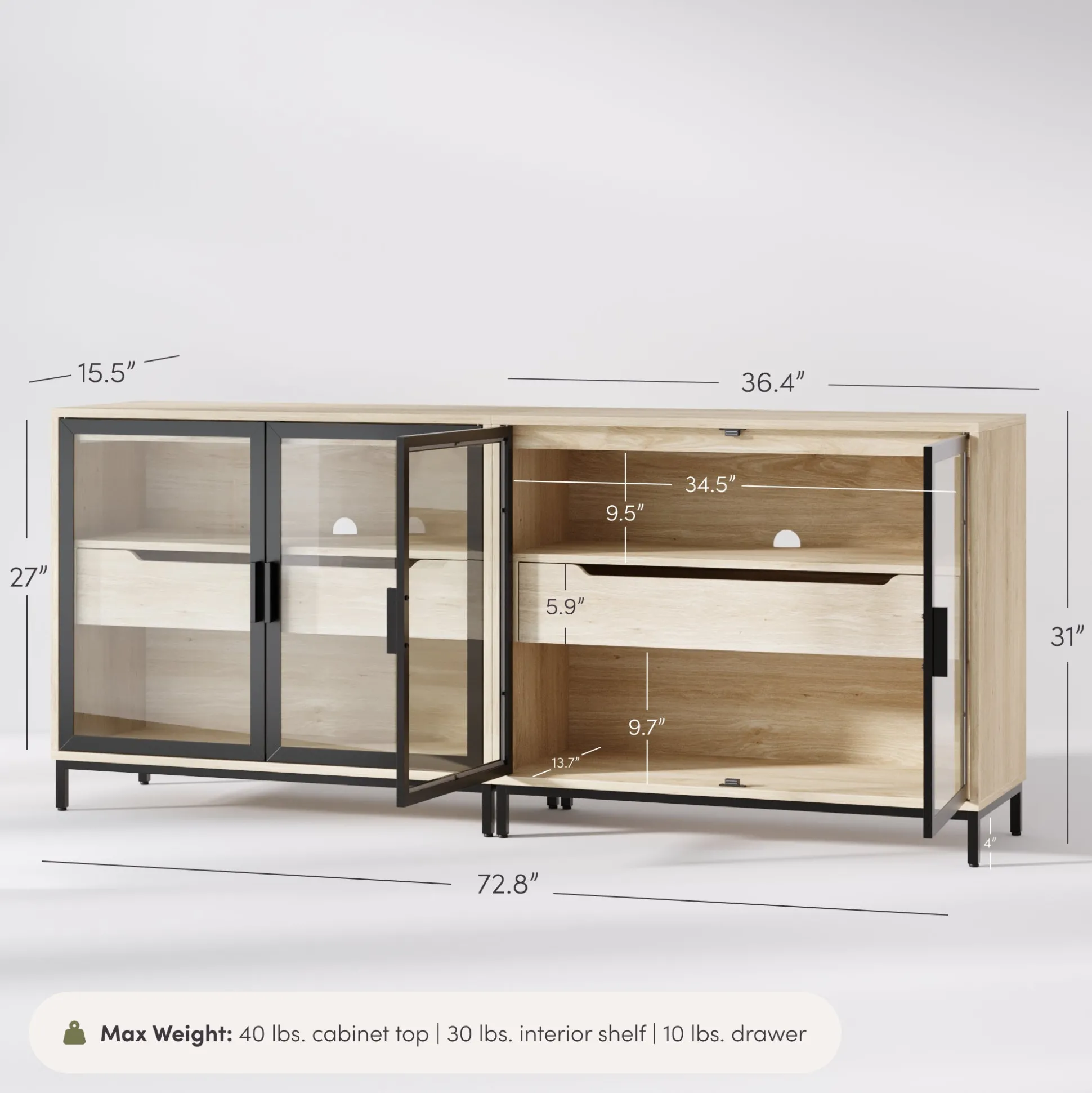 Kitchen Curio Glass Cabinet Credenza with Drawer Light Oak (Set of 2)