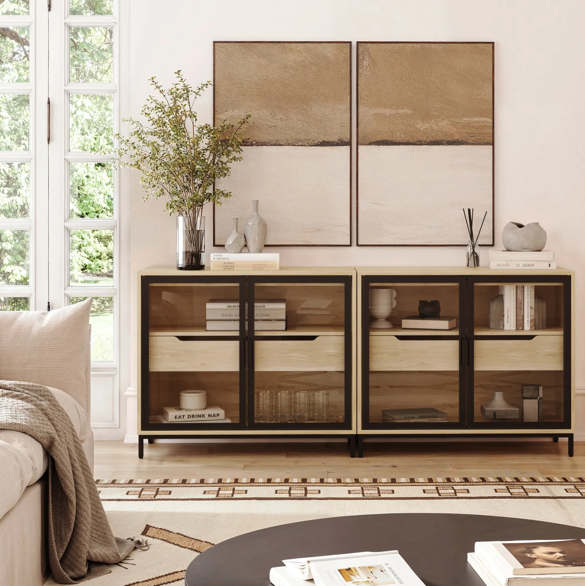 Kitchen Curio Glass Cabinet Credenza with Drawer Light Oak (Set of 2)