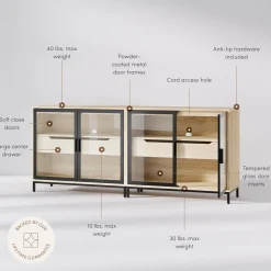 Kitchen Curio Glass Cabinet Credenza with Drawer Light Oak (Set of 2)