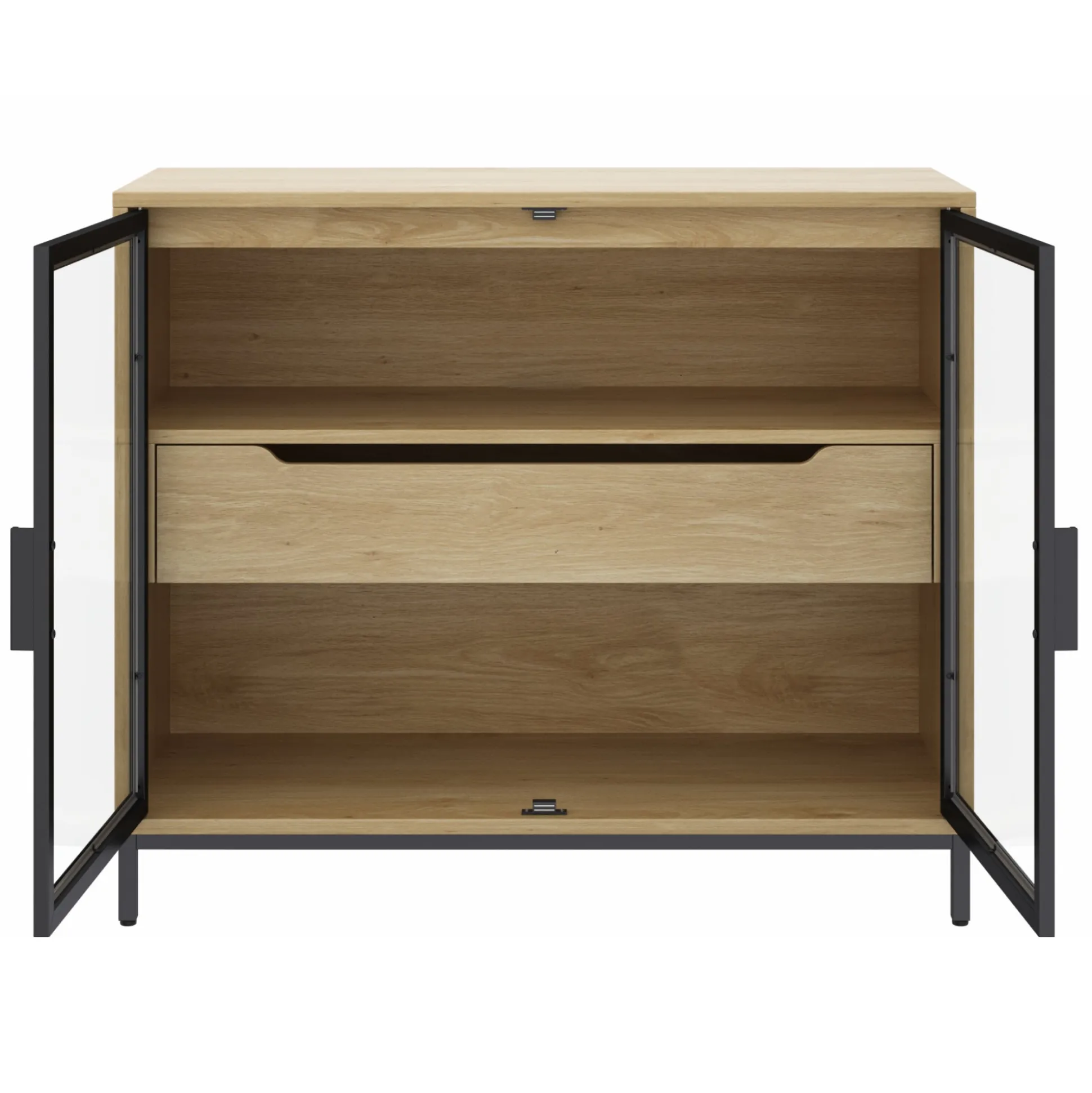 Kitchen Curio Glass Cabinet Credenza with Drawer Light Oak (Set of 2)