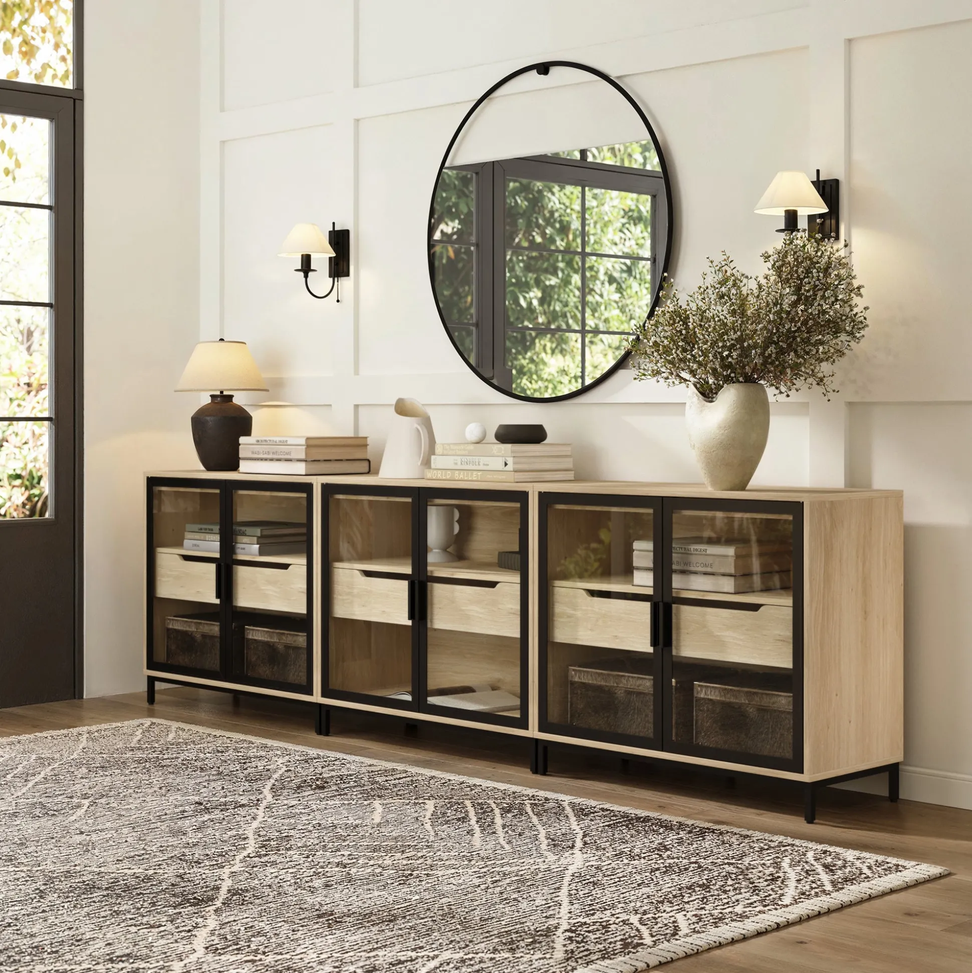 Kitchen Curio Glass Cabinet Credenza with Drawer Light Oak (Set of 3)