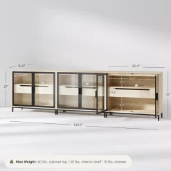 Kitchen Curio Glass Cabinet Credenza with Drawer Light Oak (Set of 3)