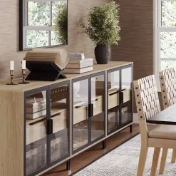 Kitchen Curio Glass Cabinet Credenza with Drawer Light Oak (Set of 3)