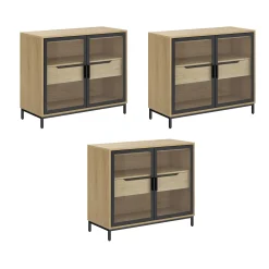 Kitchen Curio Glass Cabinet Credenza with Drawer Light Oak (Set of 3)