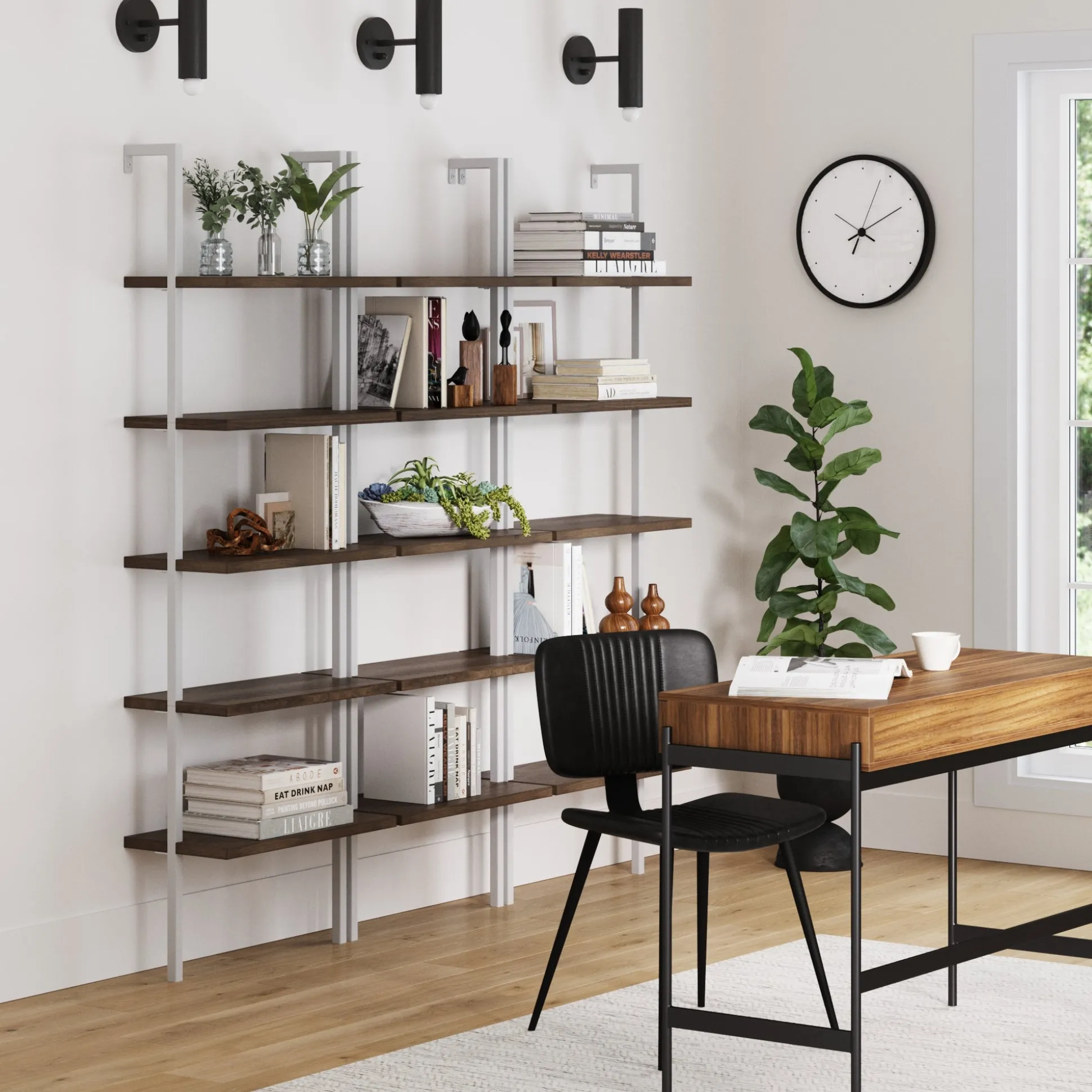 Ladder Bookshelf Oak Matte White Set of 3