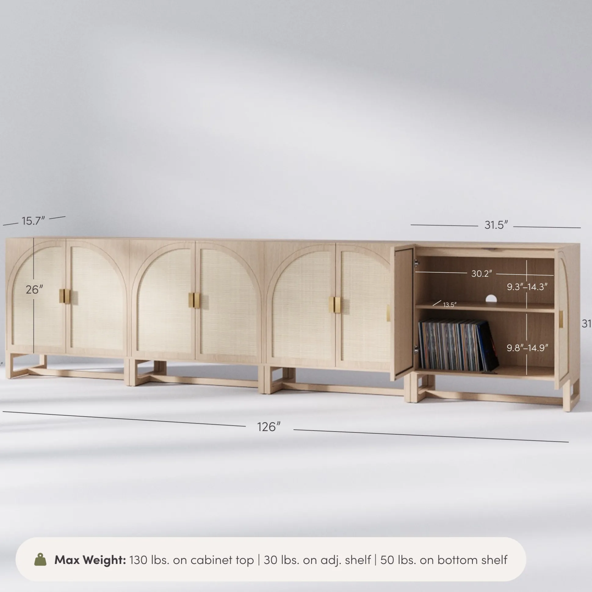 Large Boho Arched Cabinet Credenza Raw Oak (Set of 4)