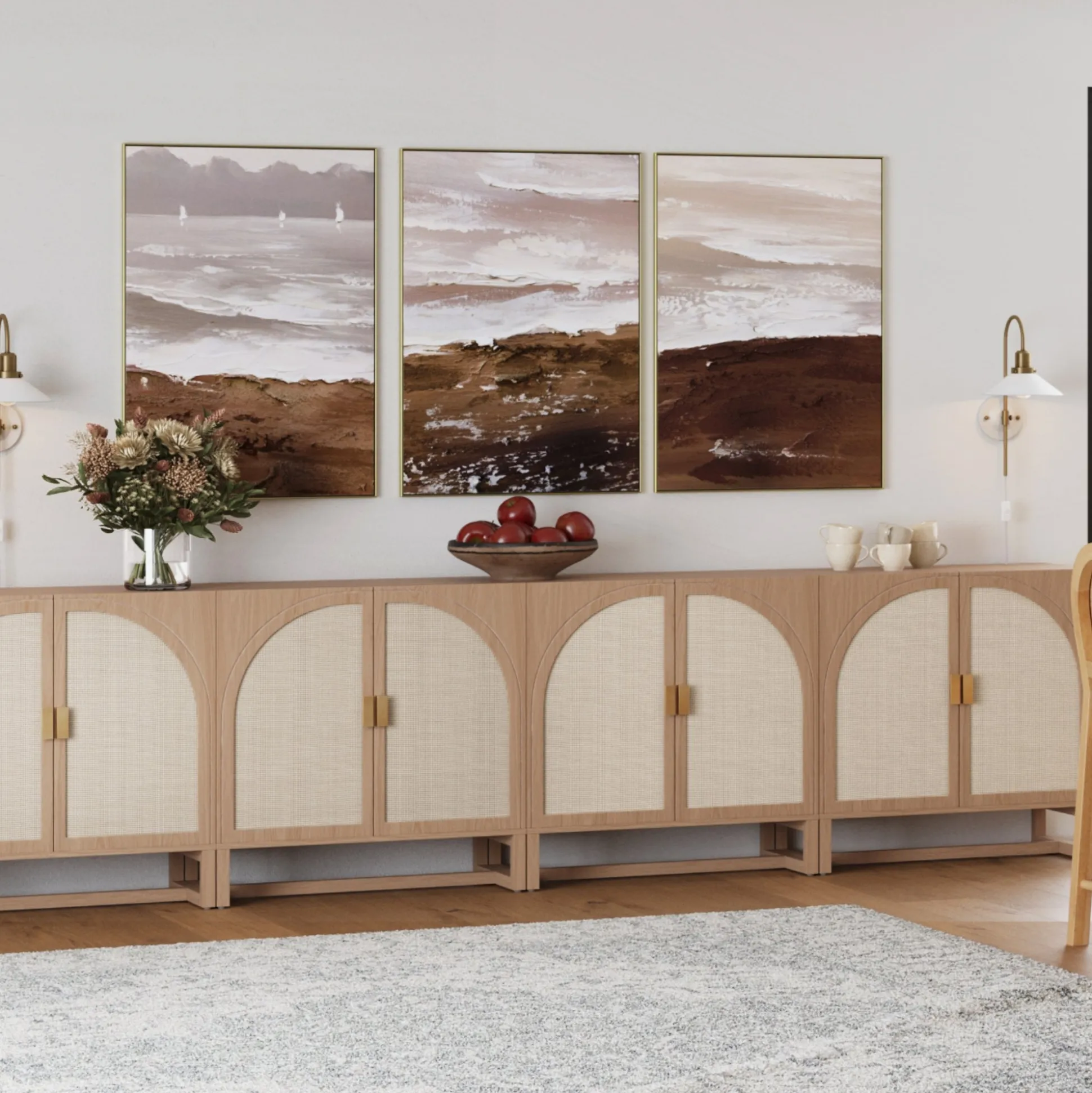Large Boho Arched Cabinet Credenza Raw Oak (Set of 4)