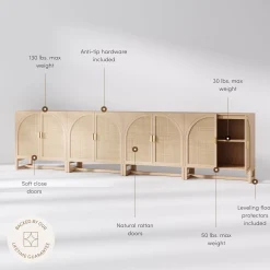 Large Boho Arched Cabinet Credenza Raw Oak (Set of 4)