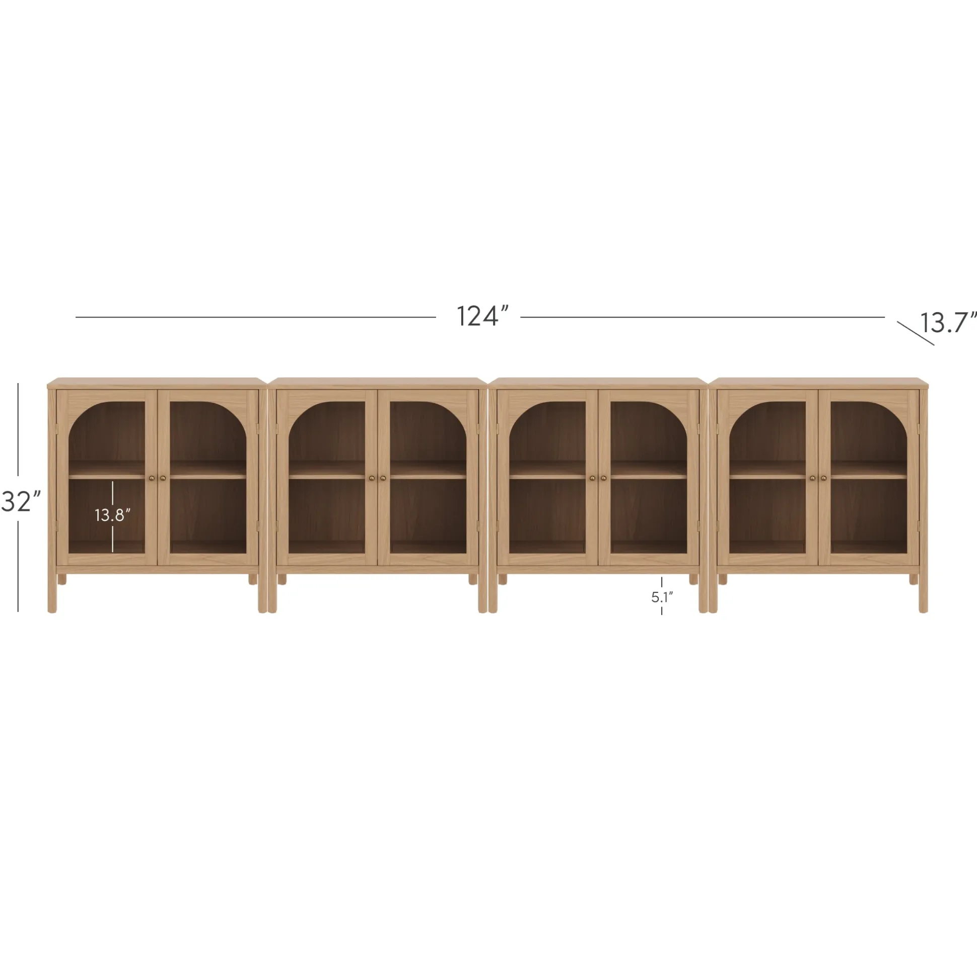 Large Glass Door Curio Cabinet Credenza Raw Oak (Set of 4)