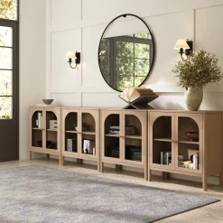 Large Glass Door Curio Cabinet Credenza Raw Oak (Set of 4)