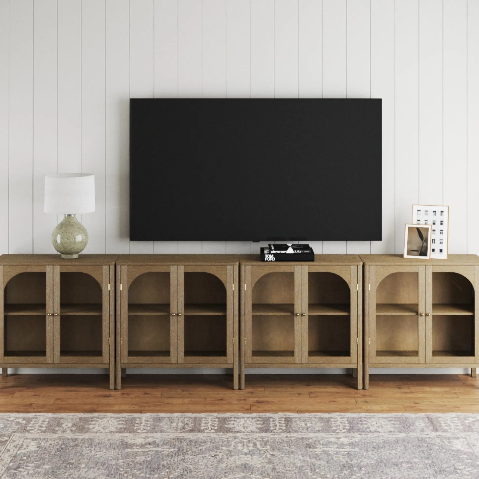 Large Glass Door Curio Cabinet Credenza Brown (Set of 4)