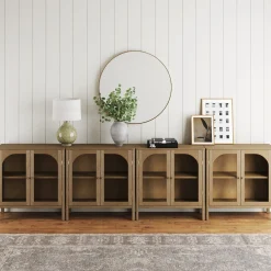 Large Glass Door Curio Cabinet Credenza Brown (Set of 4)