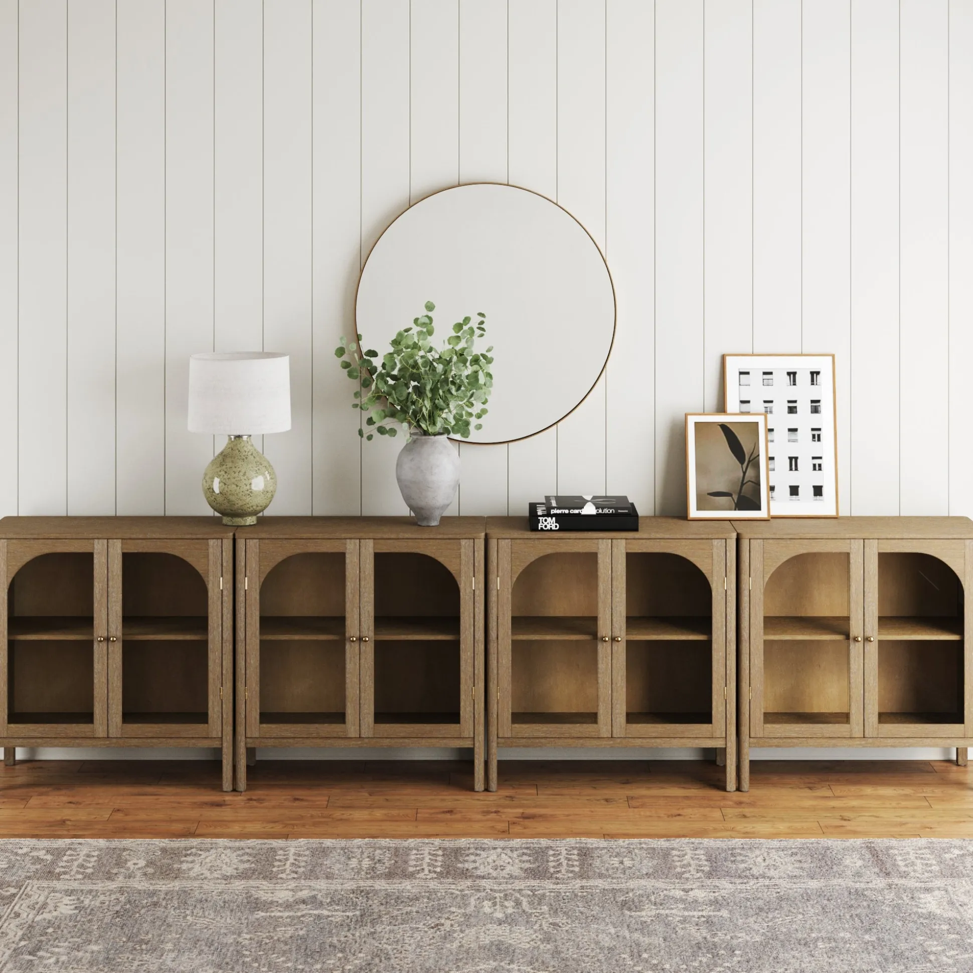 Large Glass Door Curio Cabinet Credenza Brown (Set of 4)