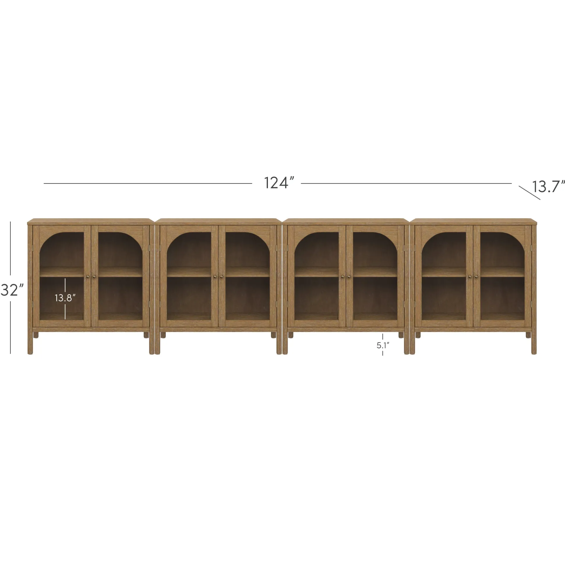 Large Glass Door Curio Cabinet Credenza Brown (Set of 4)