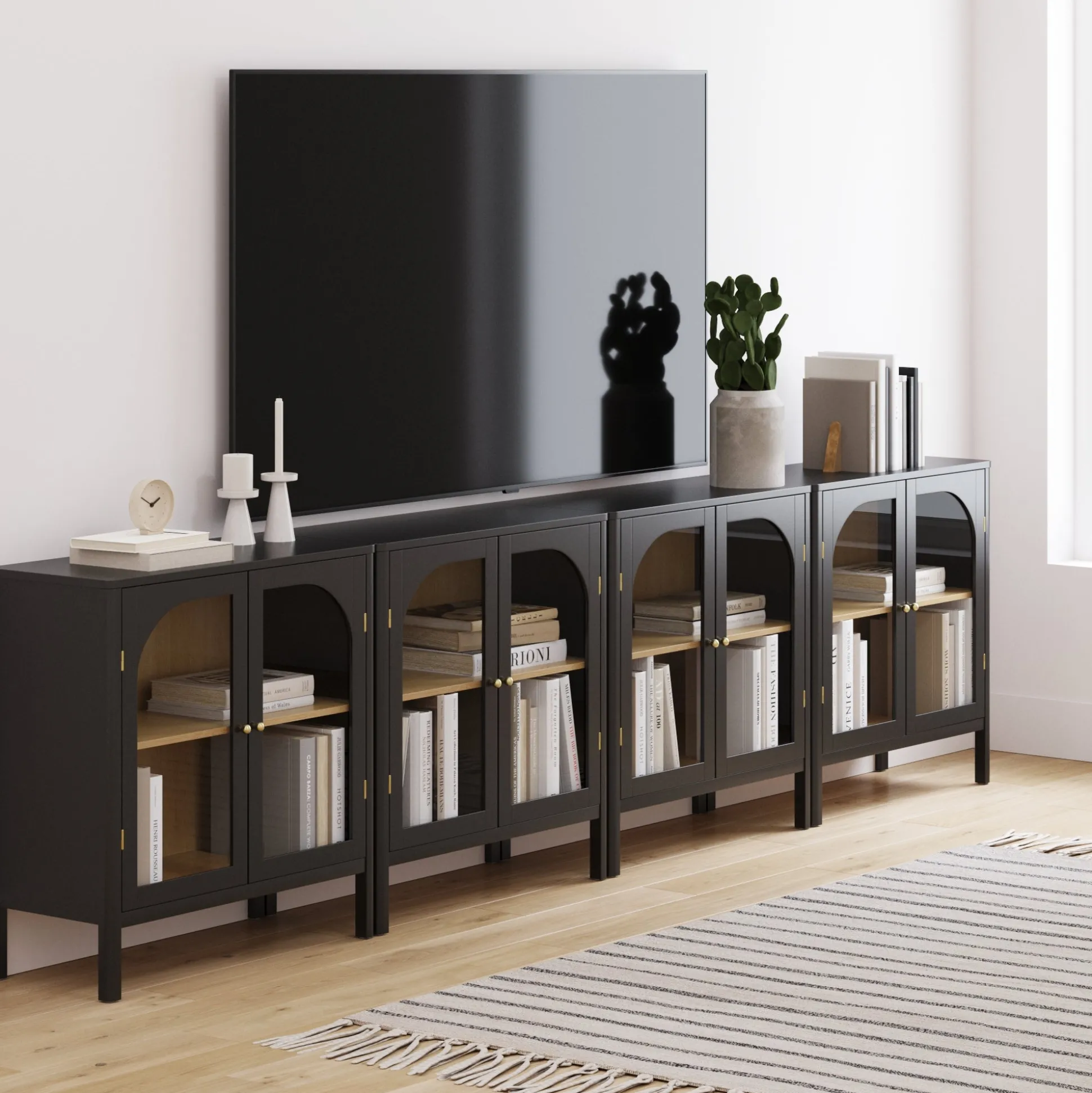 Large Glass Door Curio Cabinet Credenza Black (Set of 4)