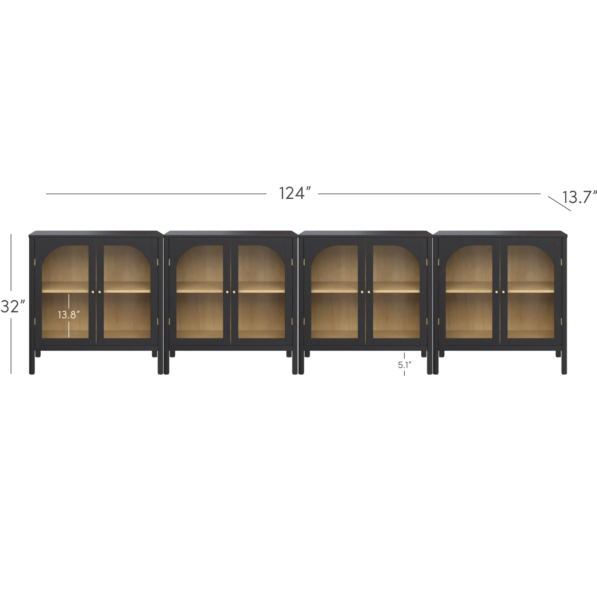 Large Glass Door Curio Cabinet Credenza Black (Set of 4)