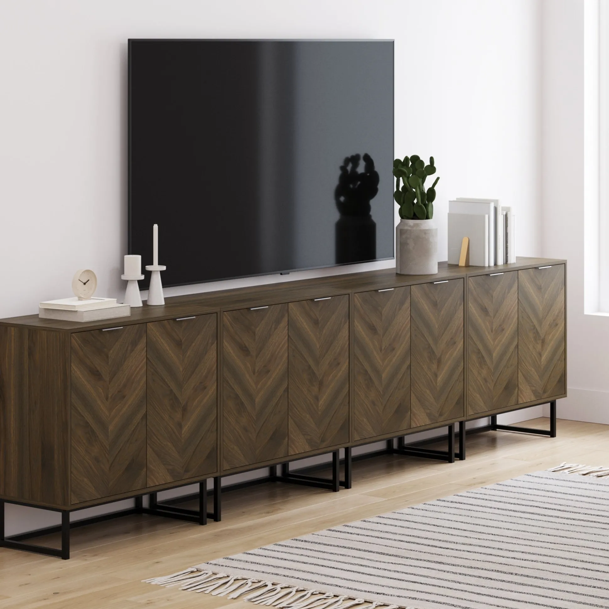 Large Herringbone Credenza Console Table Walnut (Set of 4)