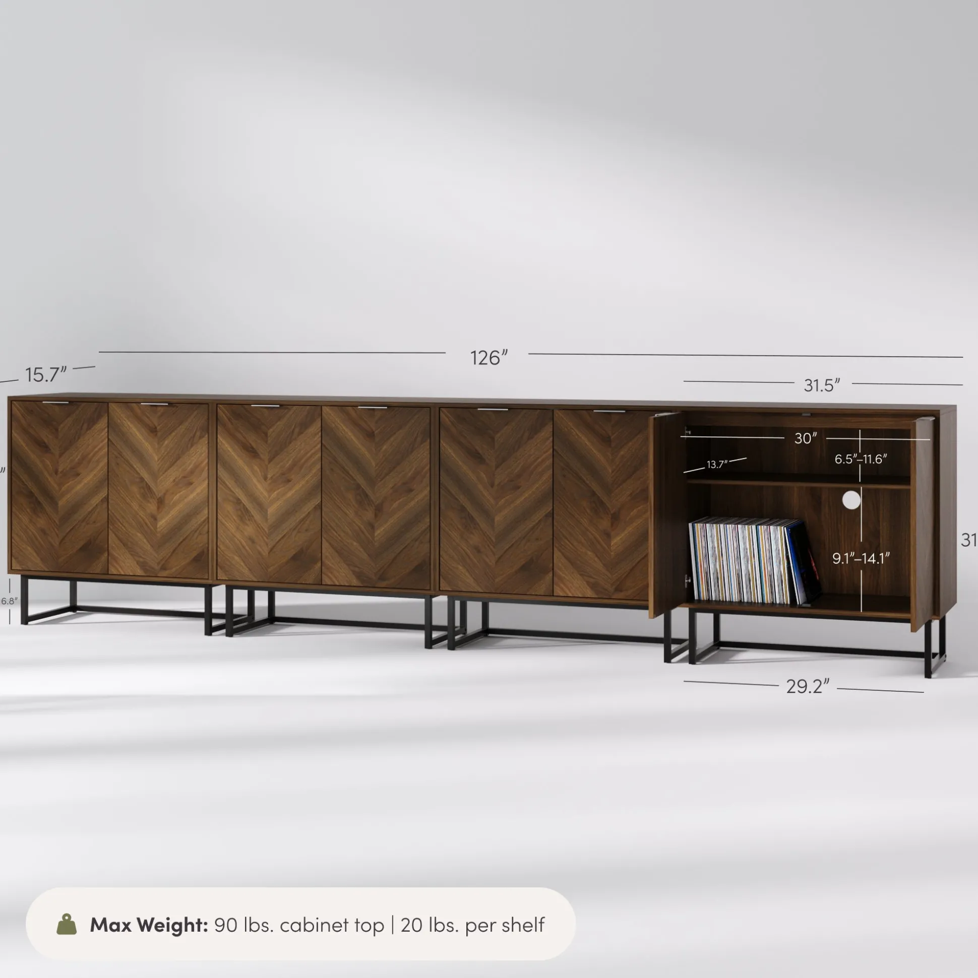 Large Herringbone Credenza Console Table Walnut (Set of 4)