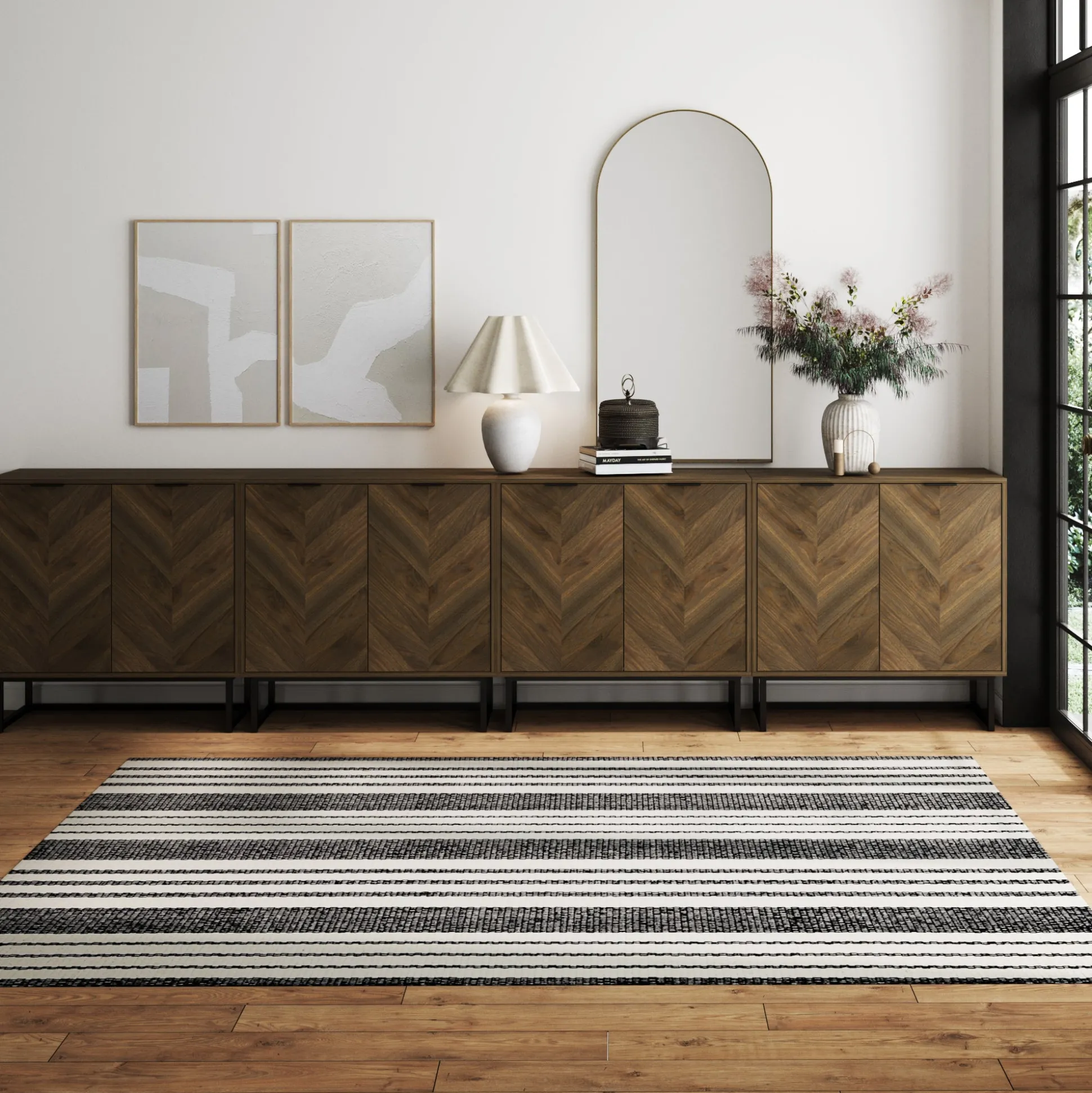 Large Herringbone Credenza Console Table Walnut (Set of 4)