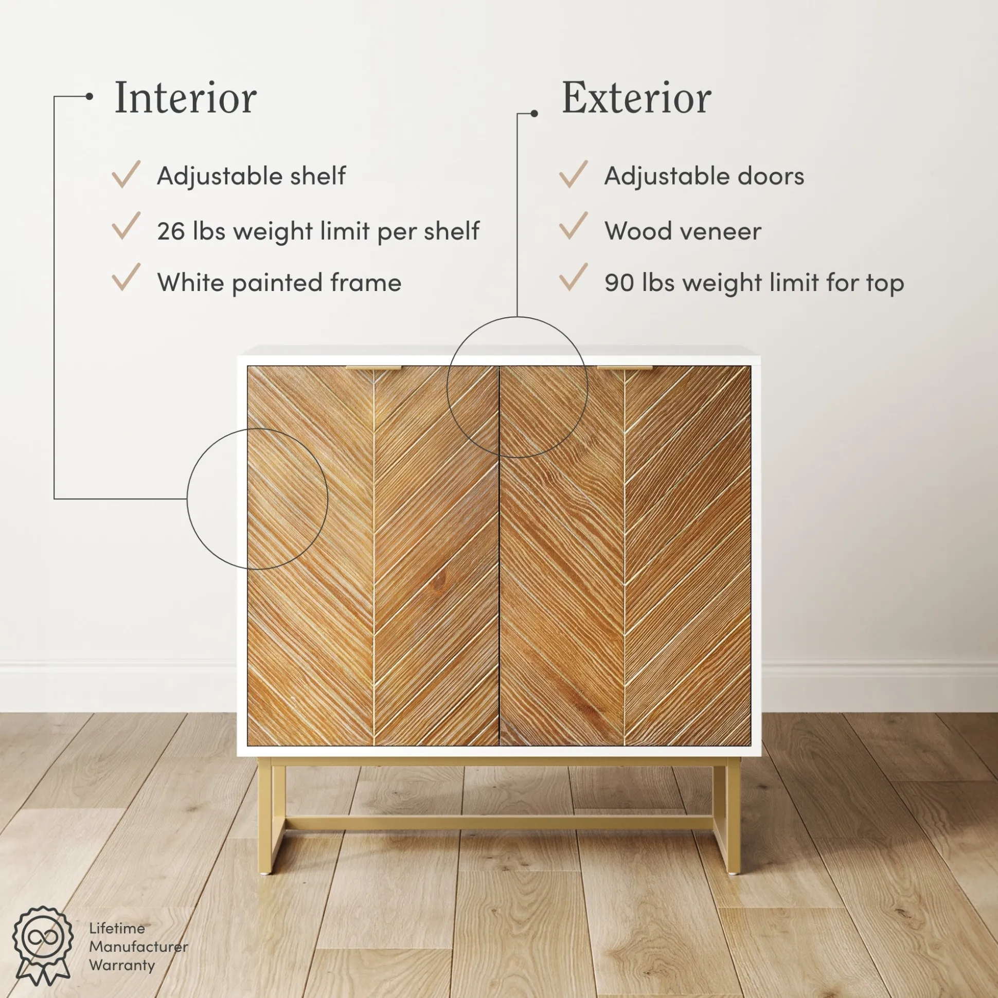 Large Herringbone Kitchen Storage Credenza White (Set of 4)
