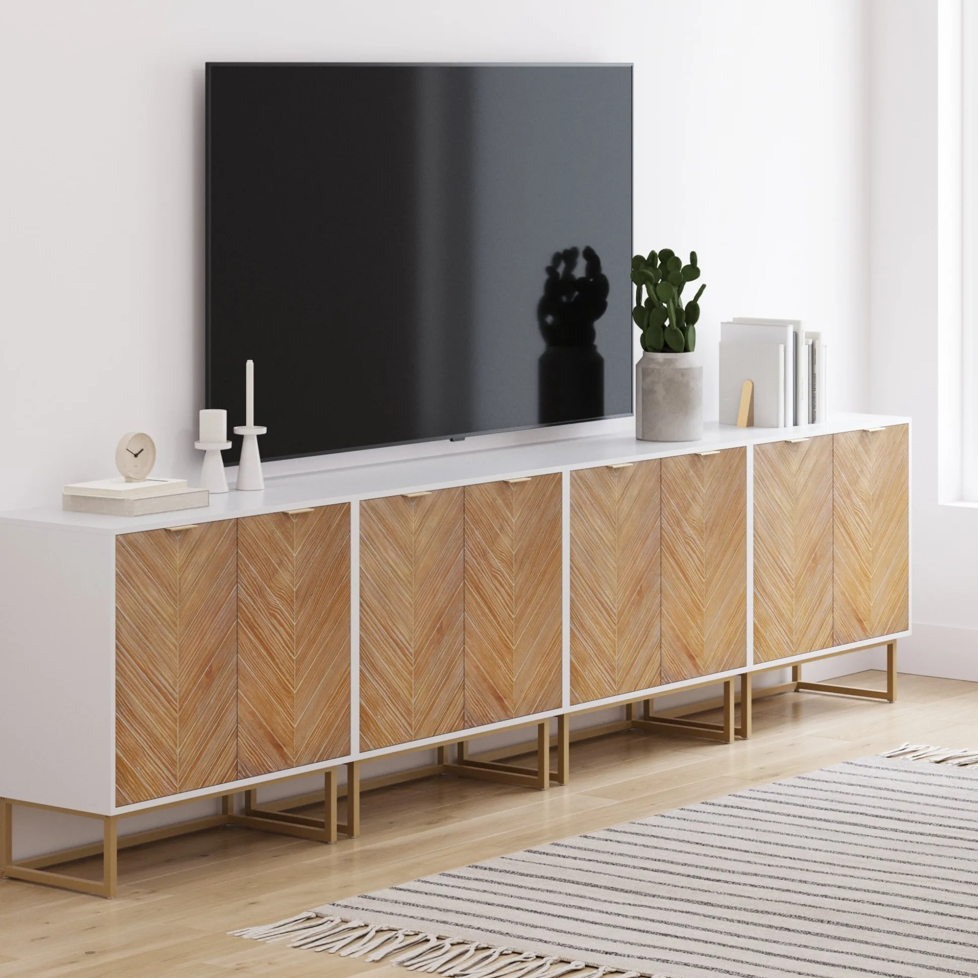 Large Herringbone Kitchen Storage Credenza White (Set of 4)