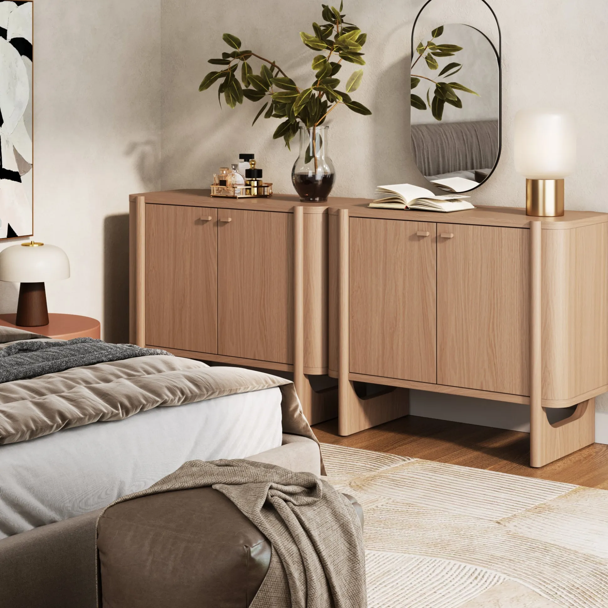 Large Mid-Century Modern Solid Wood Credenza Raw Oak (Set of 4)