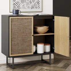 Large Rattan Credenza Console Table Black (Set of 4)