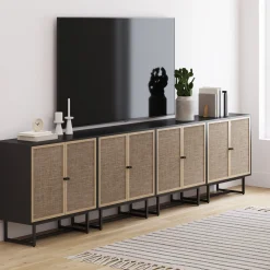 Large Rattan Credenza Console Table Black (Set of 4)