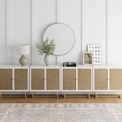 Large Rattan Credenza Console Table White (Set of 4)