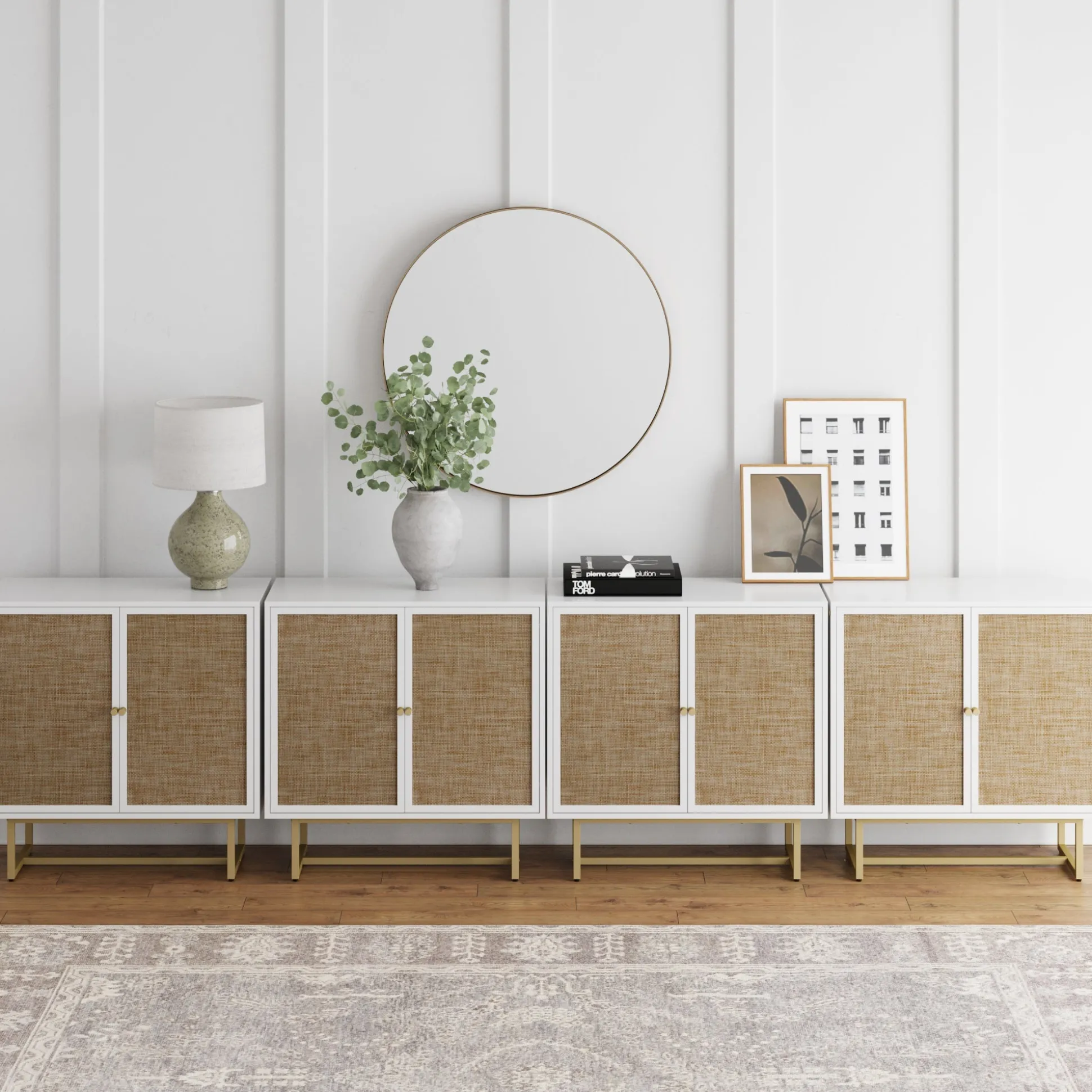 Large Rattan Credenza Console Table White (Set of 4)