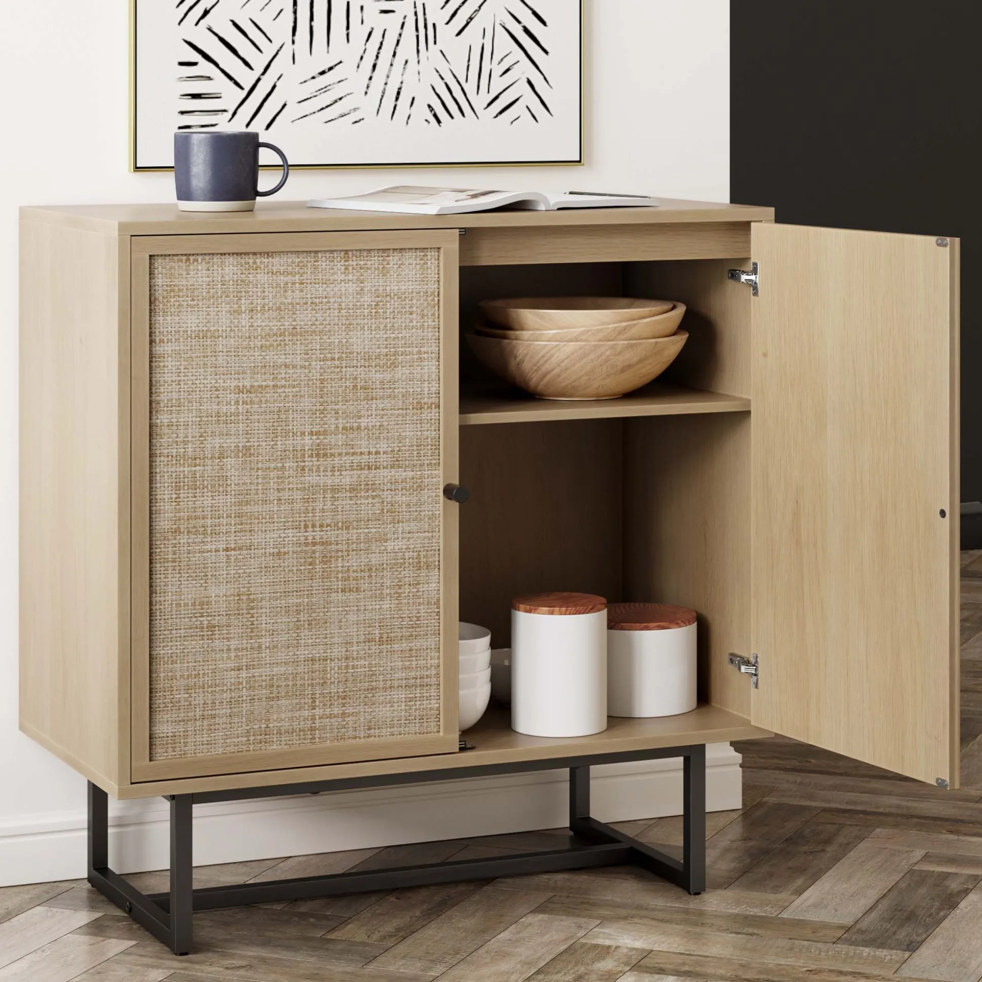 Large Rattan Credenza Console Table Oak (Set of 4)