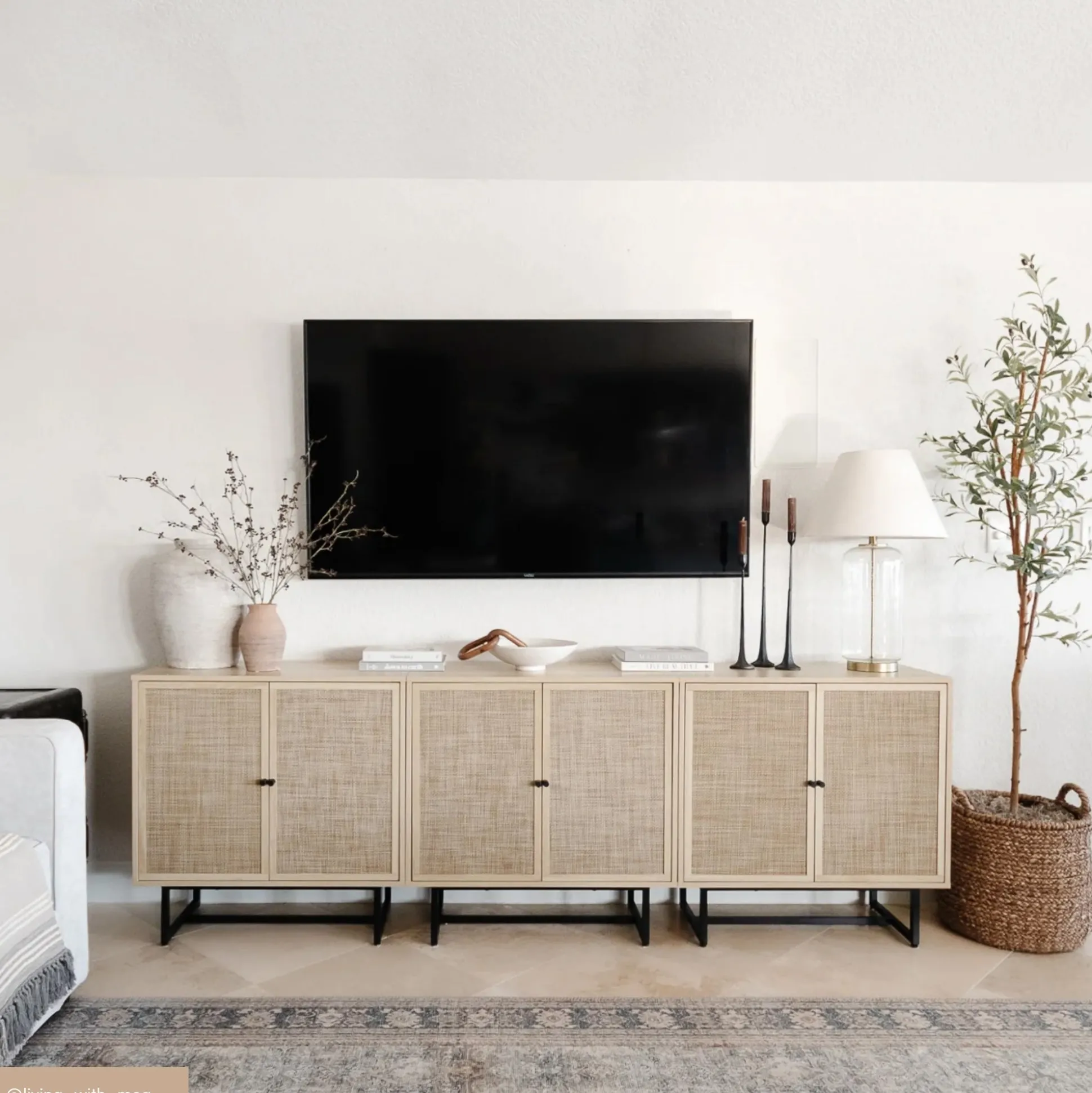 Large Rattan Credenza Console Table Oak (Set of 4)