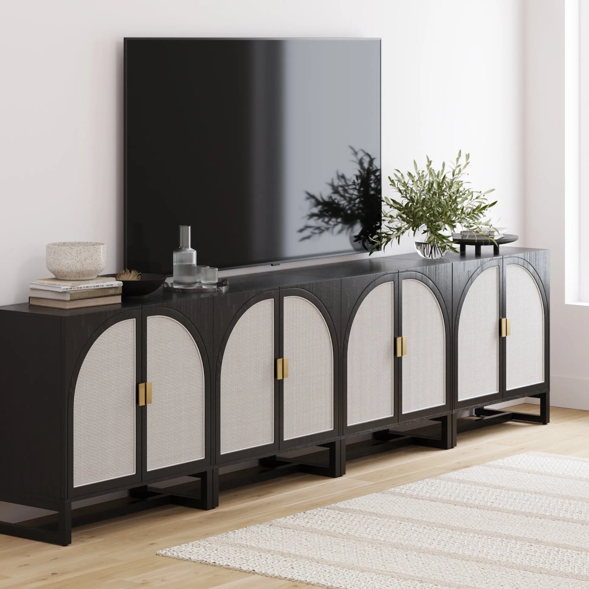 Large Rattan Credenza Console Black (Set of 4)