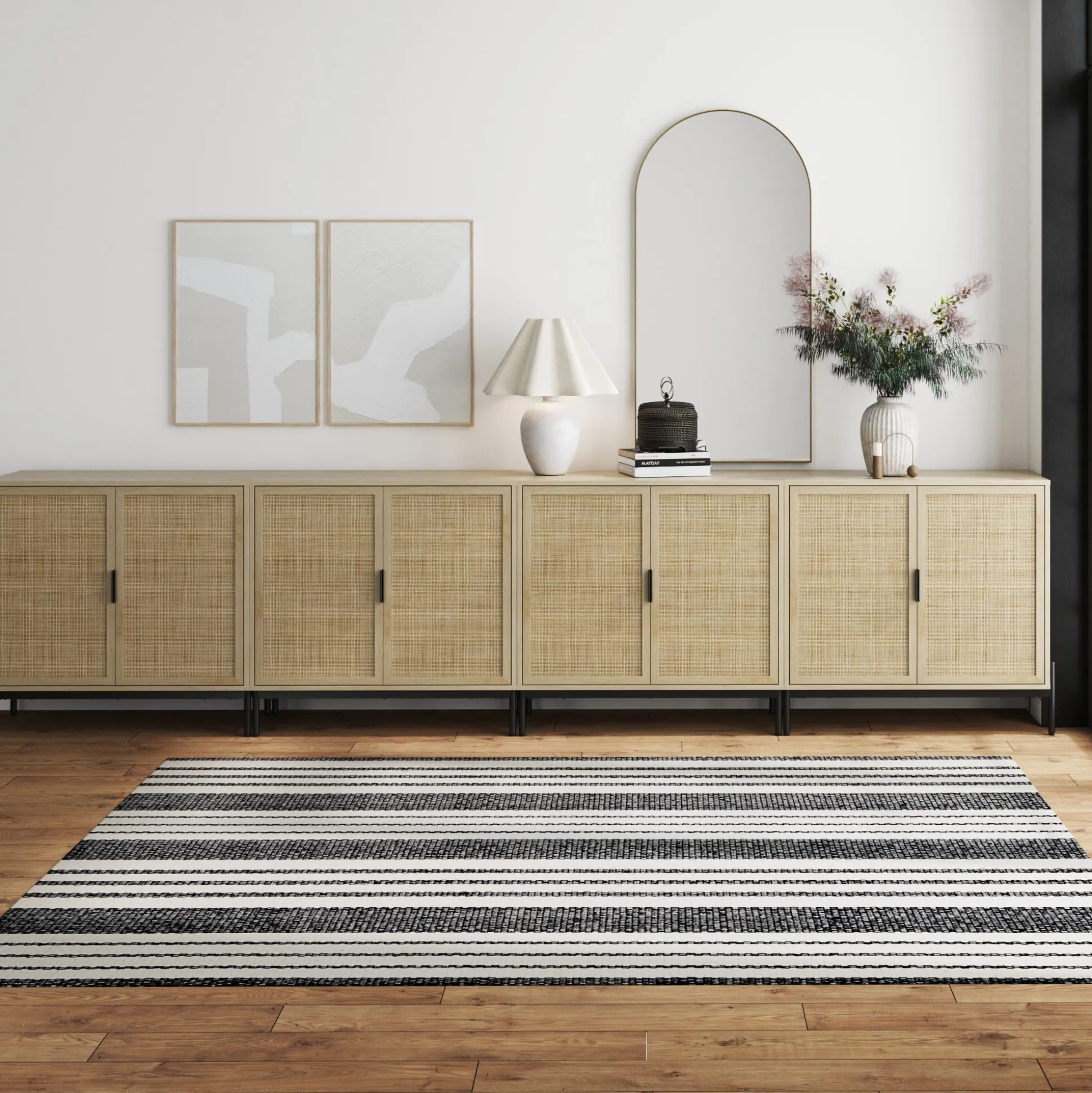 Large Rattan Credenza Console Table Light Oak (Set of 4)