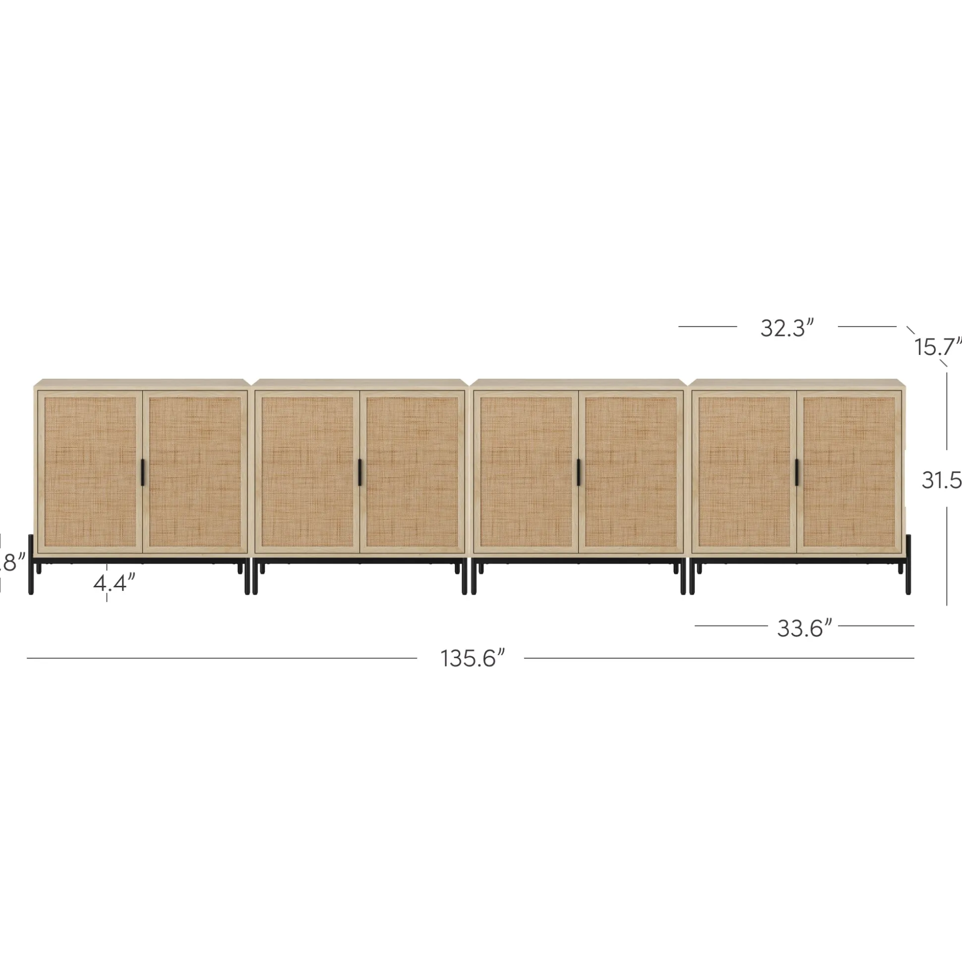 Large Rattan Credenza Console Table Light Oak (Set of 4)