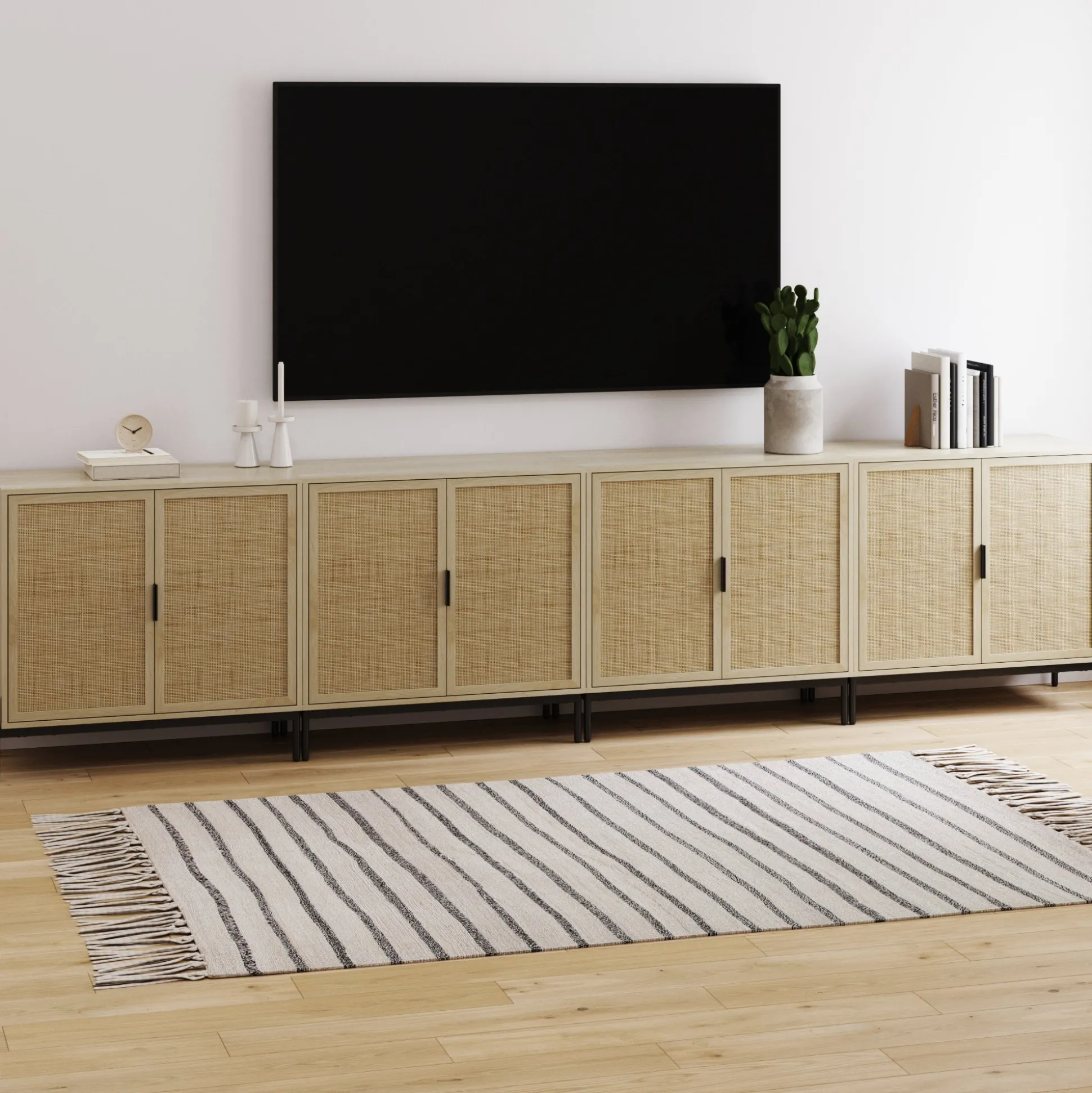Large Rattan Credenza Console Table Light Oak (Set of 4)
