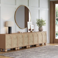 Large Seagrass Arched Storage Cabinet Credenza Raw Oak (Set of 4)