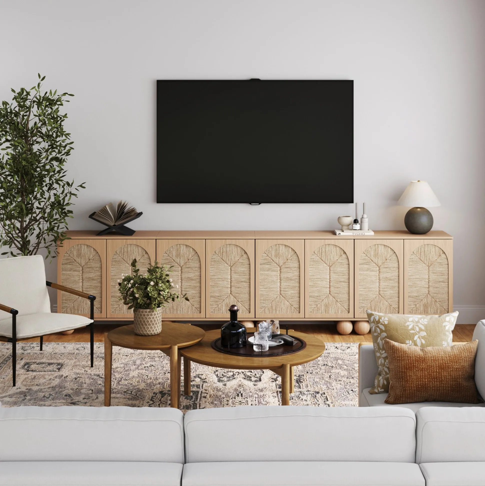 Large Seagrass Arched Storage Cabinet Credenza Raw Oak (Set of 4)