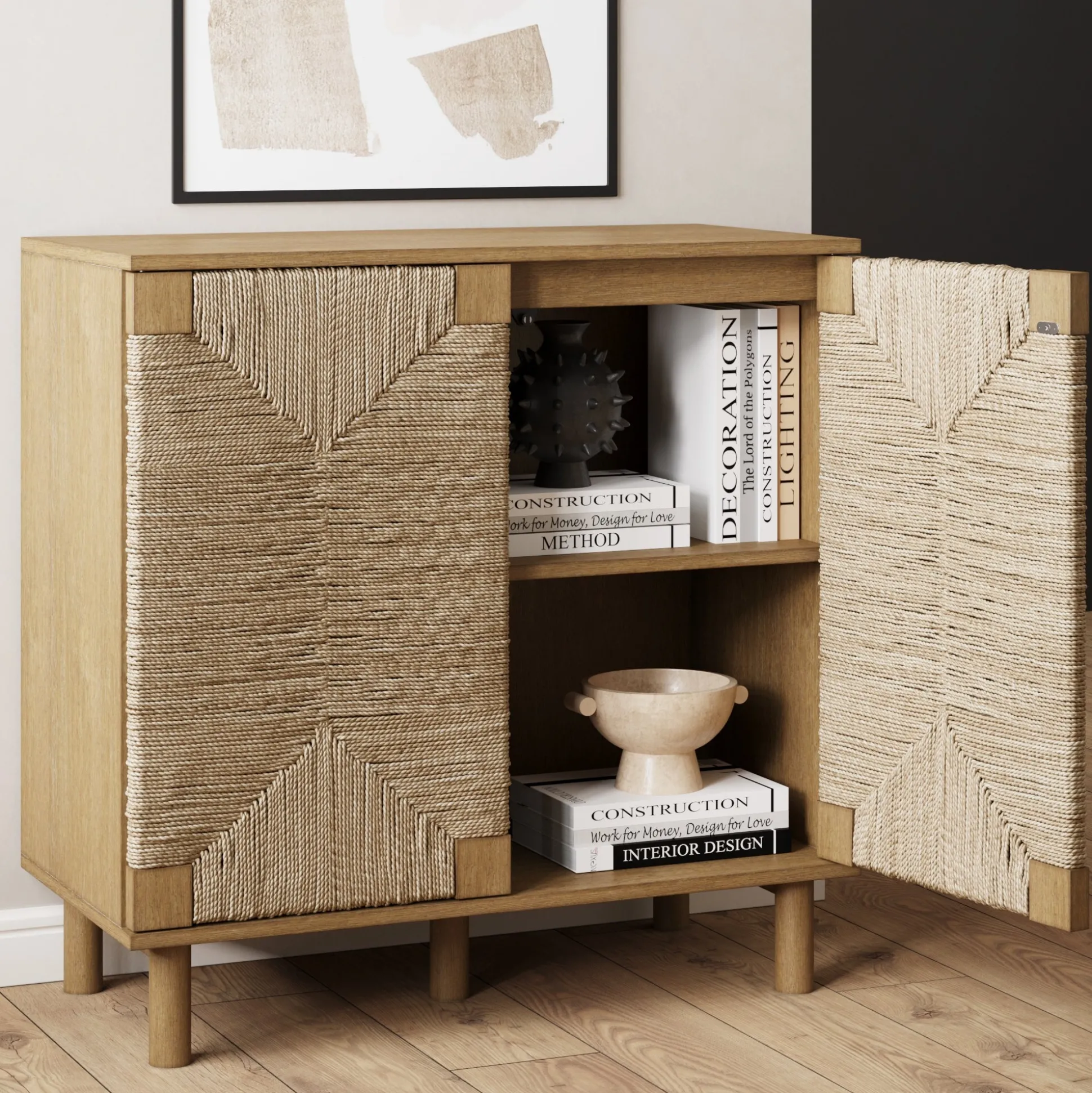 Large Seagrass Storage Cabinet Credenza Brown (Set of 4)