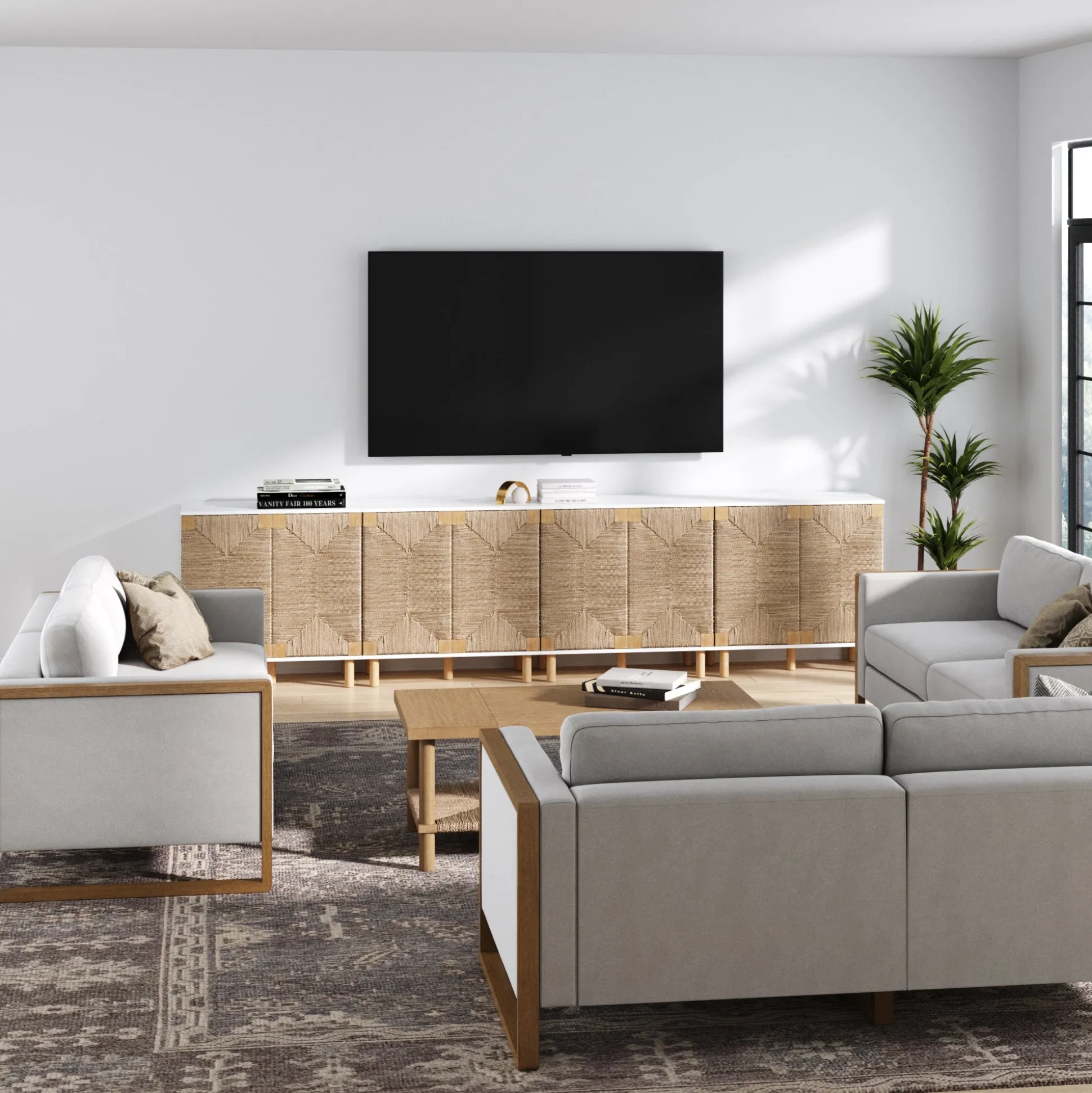 Large Seagrass Storage Cabinet Credenza White (Set of 4)