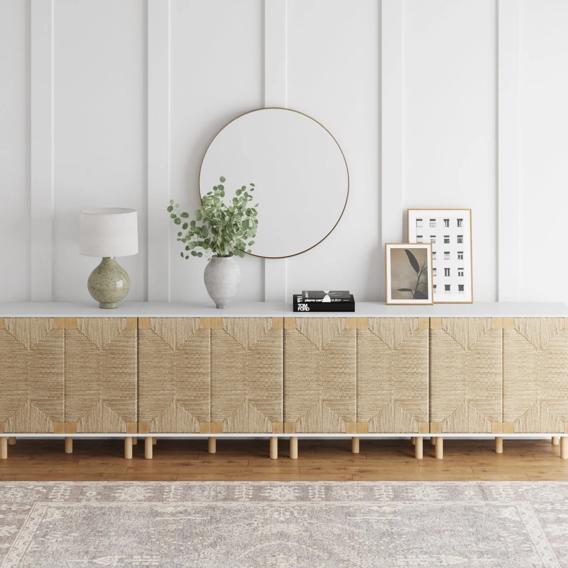 Large Seagrass Storage Cabinet Credenza White (Set of 4)