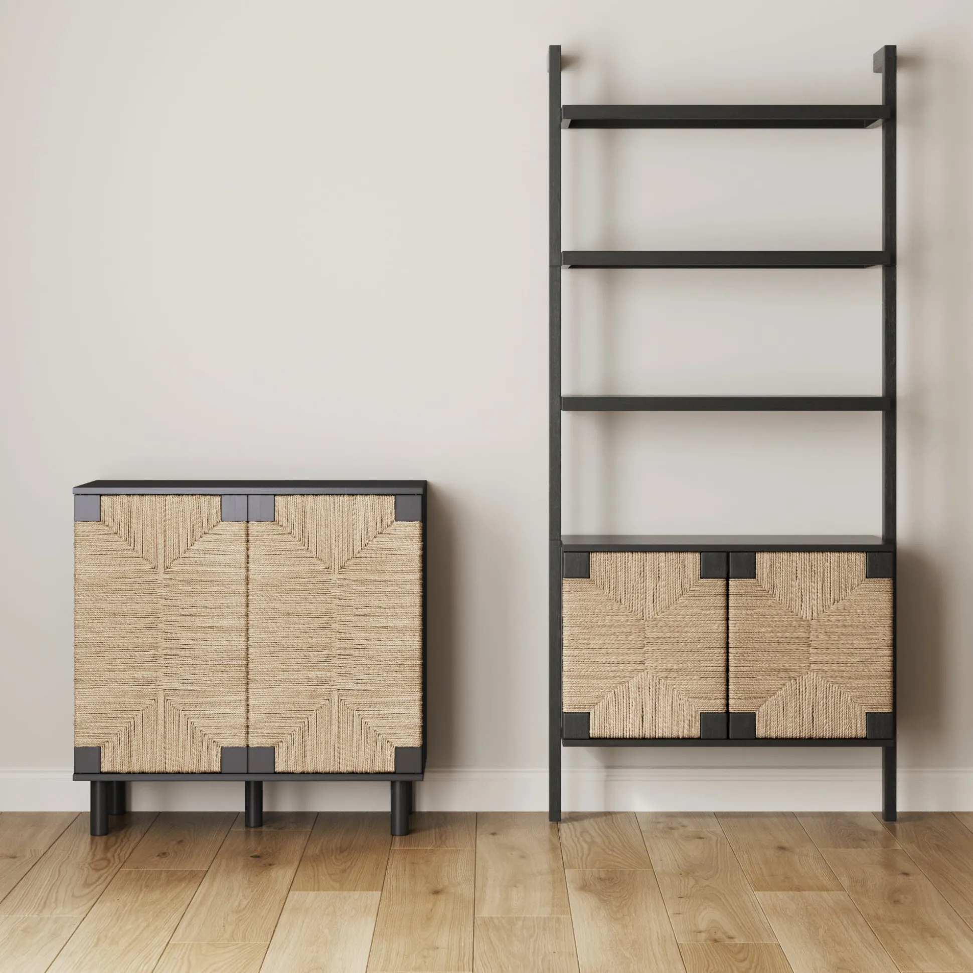 Large Seagrass Storage Cabinet Credenza Black (Set of 4)