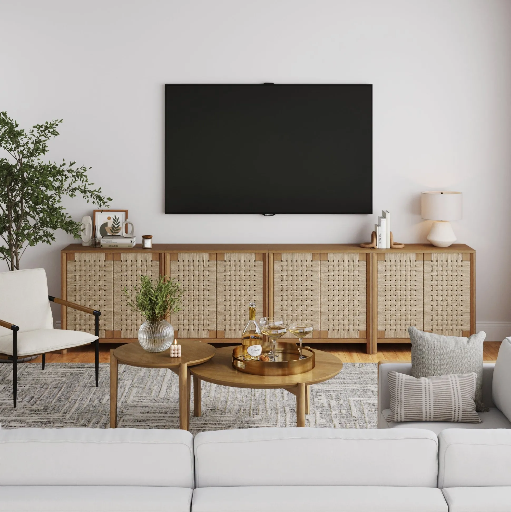 Large Woven Seagrass TV Console Credenza Light Brown (Set of 4)